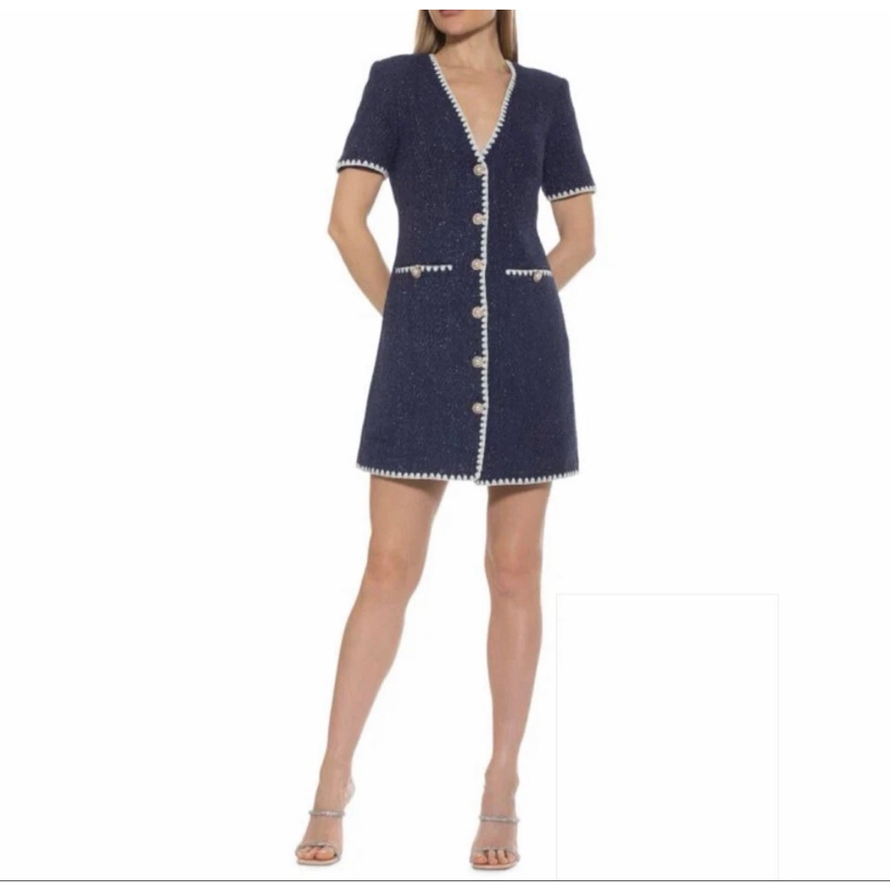 ALEXIA ADMOR Blue sparkle Tweed Mini Dress with White Trim Size 2 NEW with tags